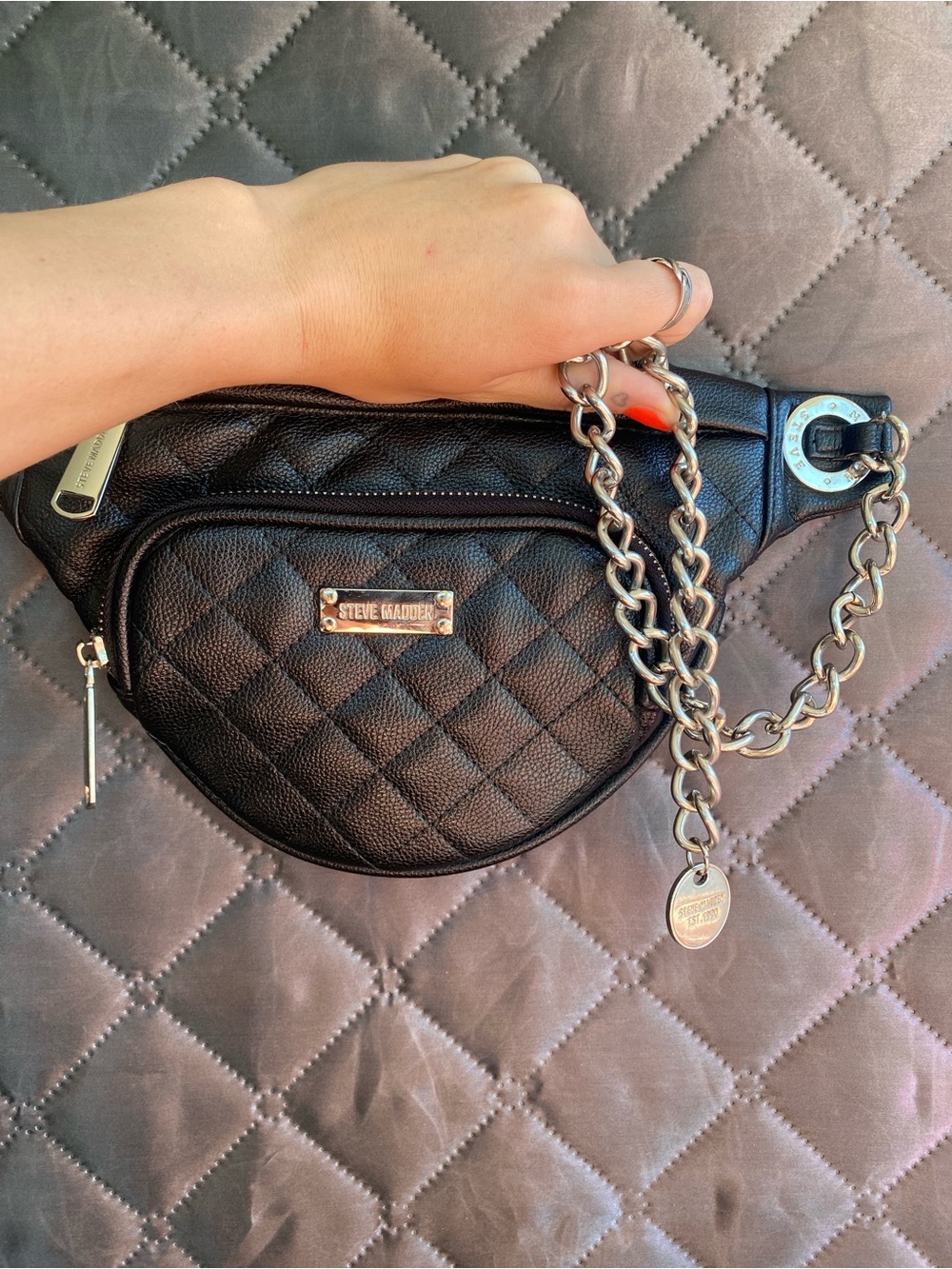 Steve Madden Black Quilted Fanny Pack Crossbody Belt Bag with Silver Chain